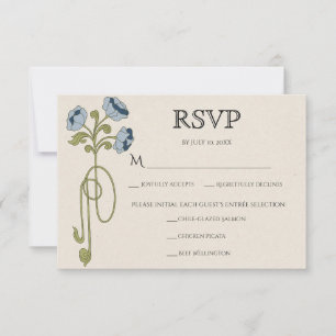Cartão RSVP Arte Vintage Novo Flores Navy Azul Poeirento Refei