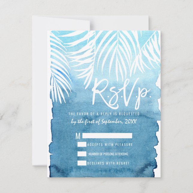 Cartão RSVP Árvore branca Palm Fronteira Azul Aquarela (Frente)