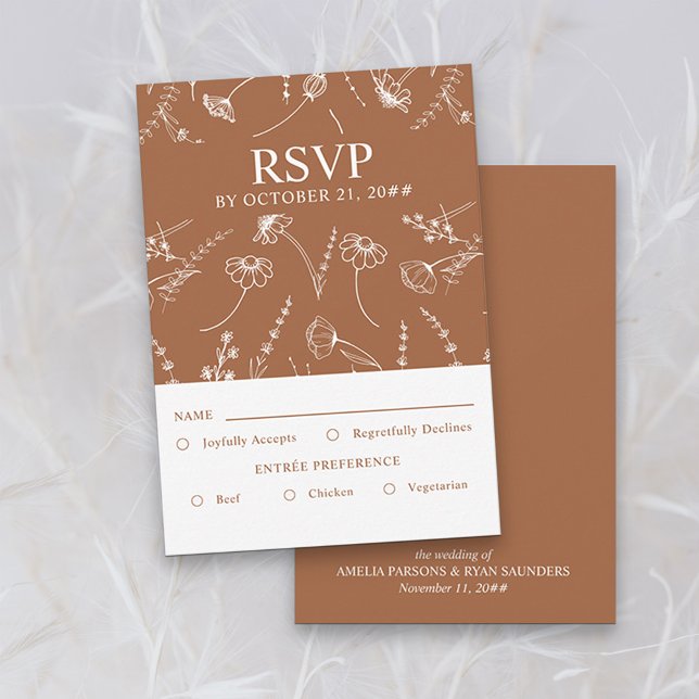 Cartão RSVP Árvore de Casamento de Desenho de Flor Selvagem de (Response card with entree options in Terracotta Burnt Orange, from my Wildflower Sketch collection)