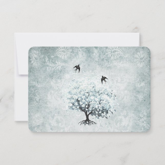 Cartão RSVP Árvore Folha de Folha de Pássaro Azul-Damasco (Frente)