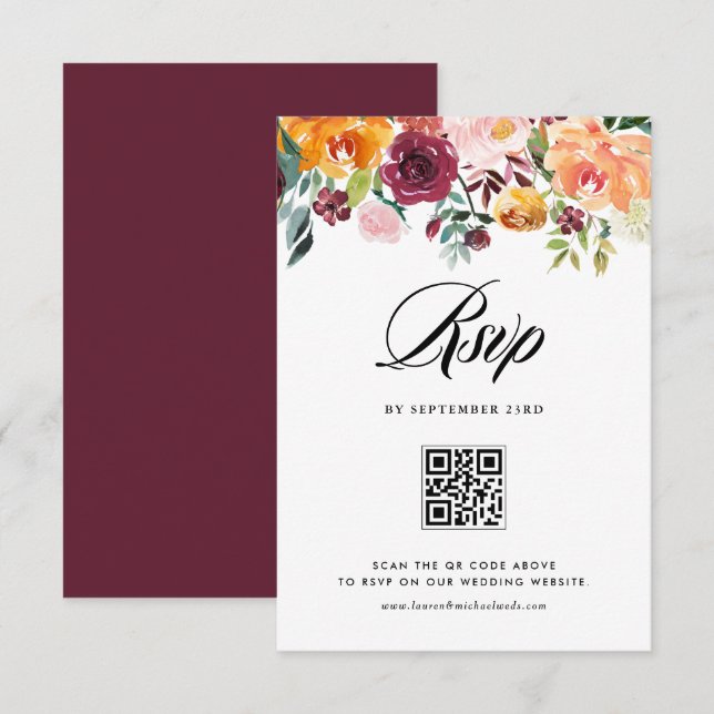 Cartão RSVP Autumn Blooms Floral Garland Casamento outono Códi (Frente/Verso)