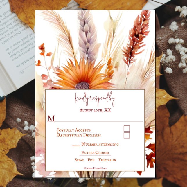 Cartão RSVP Autumn Boho Floral Wedding | Branco (Autumn Boho Floral White Wedding RSVP Card)