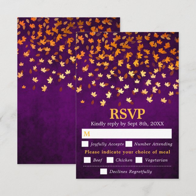 Cartão RSVP Autumn Deixa A Roxinha De Casamento Roxo (Frente/Verso)