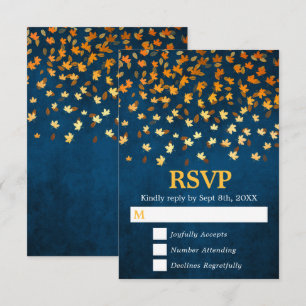Cartão RSVP Autumn Deixa Casamento Dourado e Azul Grunge