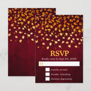 Cartão RSVP Autumn Deixa Casamento Dourado e Red Grunge