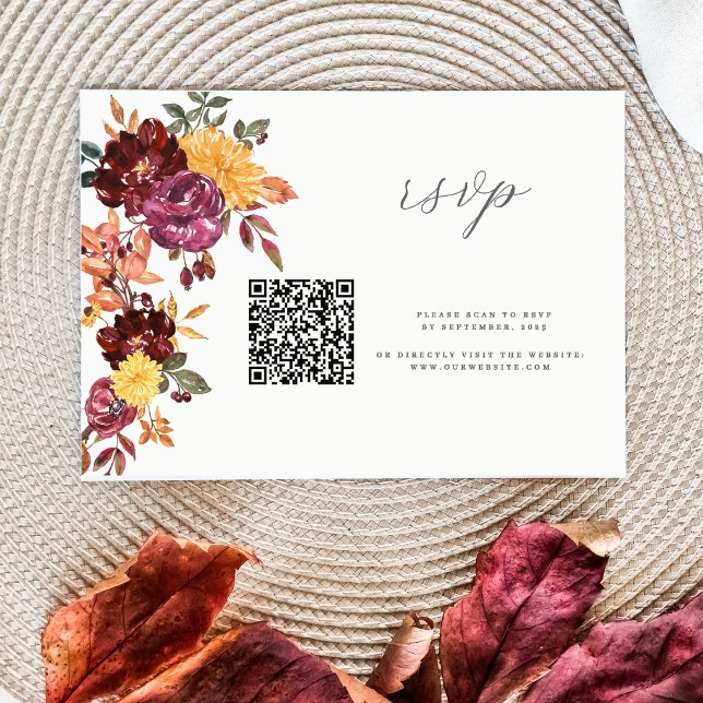 Cartão RSVP Autumn Floral BoId Watercolor casamento QR (Criador carregado)