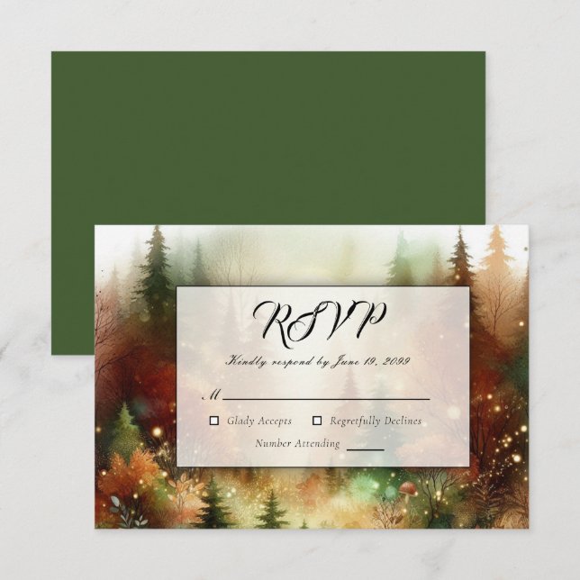 Cartão RSVP Autumn Glow in the Enchanted Forest Wedding (Frente/Verso)