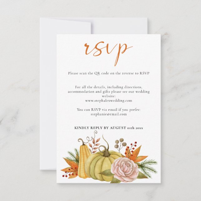 Cartão RSVP Autumn Pumpkin Floral Wedding Código QR (Frente)