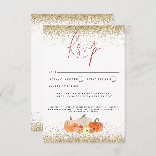 Cartão RSVP Autumn Pumpkins Floral Glitter Fall Script QR Code (Frente/Verso)