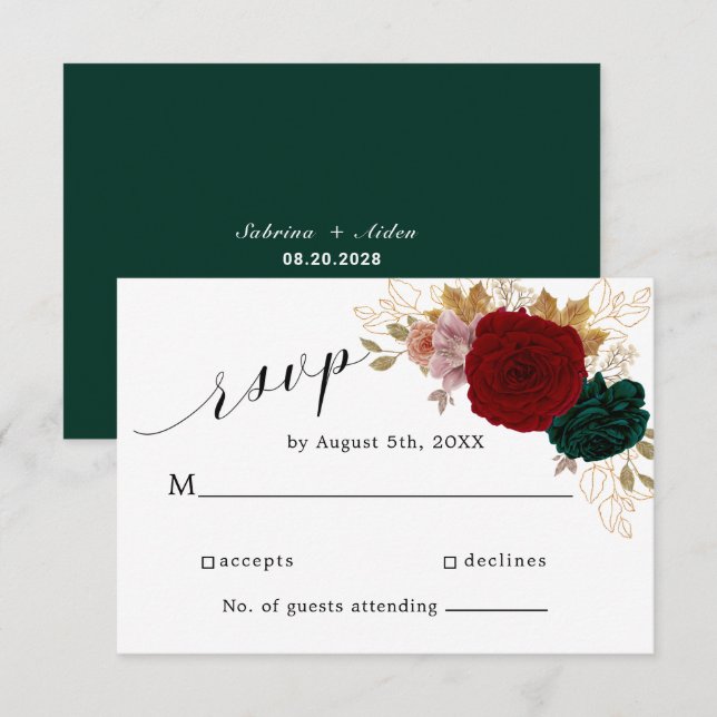 Cartão RSVP Autumone Dourada Burgundy Emerald Greeny Floral (Frente/Verso)