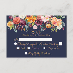 Cartão RSVP Azuis marinhos florais da aguarela chique que
