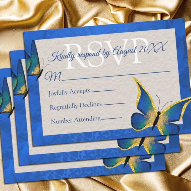 Cartão RSVP Azul, Borboleta Dourada Quinceañera (royal blue gold quinceanera rsvp cards for elegant blue butterfly invitations)