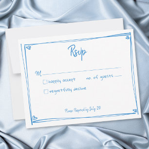Cartão RSVP Azul Branco Mão Desenhada Coração Casamento Capric