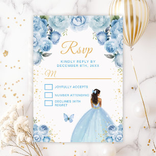 Cartão RSVP Azul Claro e Dourado Princesa de Pele Morena