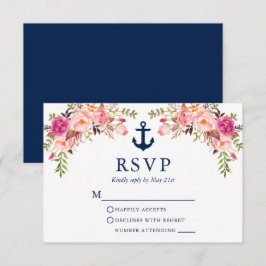 Cartão RSVP Azul de Casamento de Âncora Floral Cor-de-Água Ros