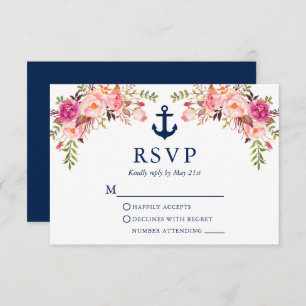 Cartão RSVP Azul de Casamento de Âncora Floral Cor-de-Água Ros