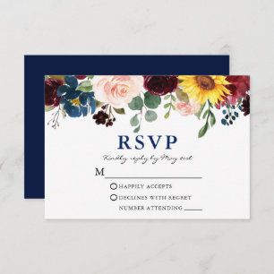 Cartão RSVP Azul De Casamento Floral De Aquarela Elegante