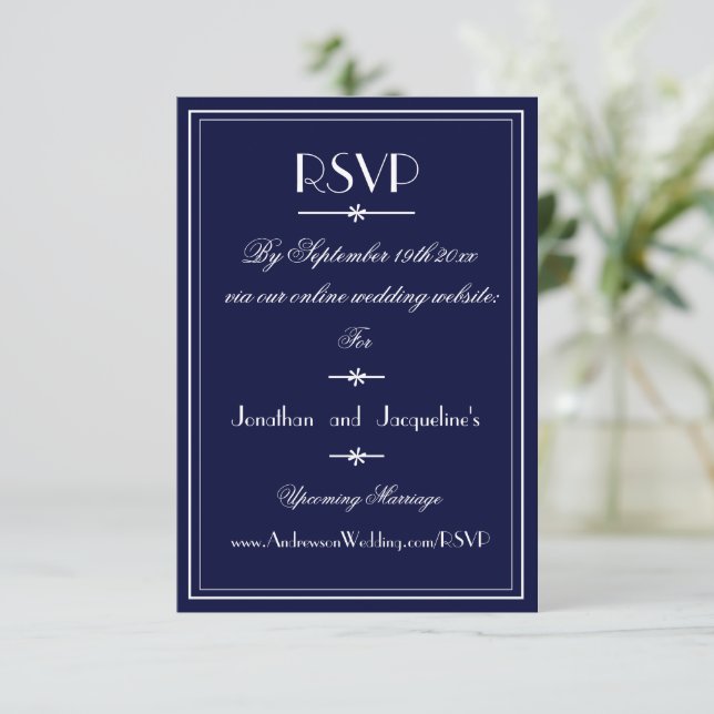 Cartão RSVP Azul de Marinho de Casamento Simples (Em pé/Frente)