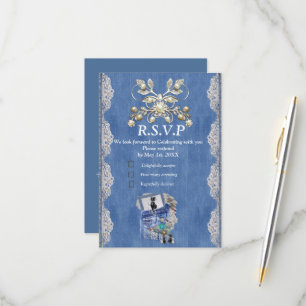 Cartão RSVP Azul Denim, rendas, Joias de Costume e Kittens
