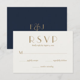 Cartão RSVP Azul Dourado de Casamento Mínimo Moder