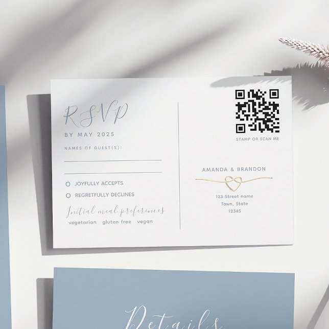 Cartão RSVP Azul Dusty com Casamento de Código QR (Criador carregado)