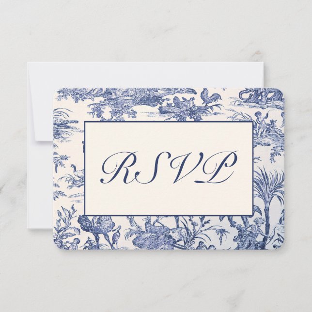 Cartão RSVP Azul e Branco Toile (Frente)