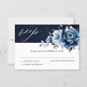 Cartão RSVP Azul Empoeirado Ardósia Naval Floral Botânico Casa