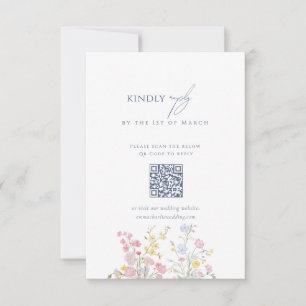 Cartão RSVP Azul empoeirado Código QR Floral Flor Silvestre