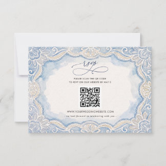 Cartão RSVP Azul Empoeirado Marfim Lace Dinheiro Antigo Código