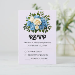 Cartão RSVP Azul empoeirado personalizado e floral de marfim