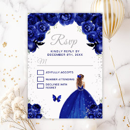 Cartão RSVP Azul escuro e prata, princesa de cabelo castanho