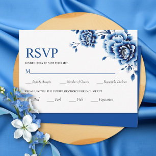 Cartão RSVP Azul floral Chinoiserie flores de peônia casamento