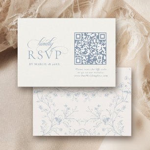 Cartão RSVP Azul Floral Romântica Caligrafia com Código QR
