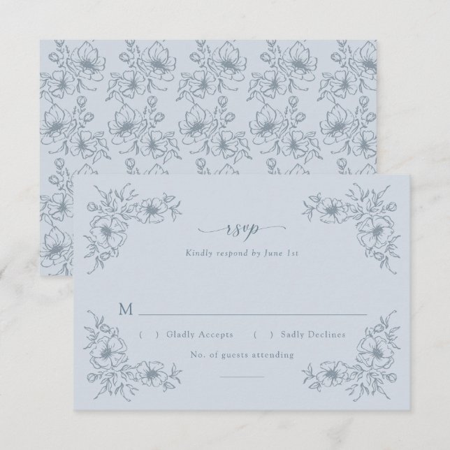 Cartão RSVP Azul Floral Vintage (Frente/Verso)