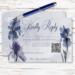 Cartão RSVP Azul Iris Flores Azul Moderno Código QR de Casamen