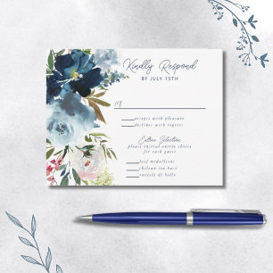 Cartão RSVP Azul Marinho & Azul Poeirento Floral Elegante Aqua