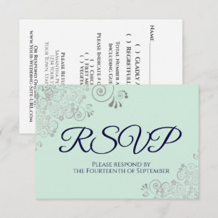 Cartão RSVP Azul Marinho e Verde Menta Renda Prateada Elegante