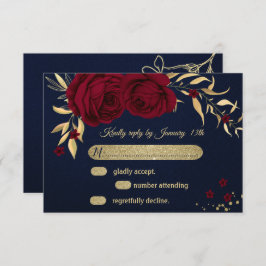 Cartão RSVP azul-marinho floral de ouro burgundy