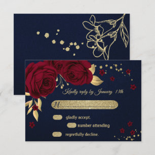 Cartão RSVP azul-marinho floral de ouro burgundy