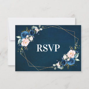 Cartão RSVP Azul-Marinho Romântico Blush Floral Rosa Geométr