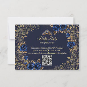 Cartão RSVP Azul Marinho Tiara Dourada Borboletas Quinceañera