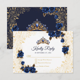 Cartão RSVP Azul Marinho Tiara Dourada Floral Rosa Quinceañera