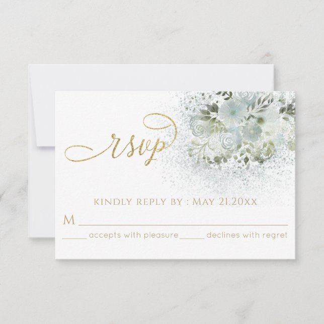 Cartão RSVP Azul poeirento floral romântico caligrafia dourada (Frente)