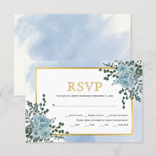 Cartão RSVP Azul-poeirento, flores de ouro, casamento floral