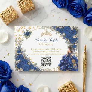Cartão RSVP Azul Real Borboleta Dourada Quinceañera