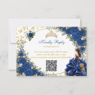 Cartão RSVP Azul Real Borboleta Dourada Quinceañera