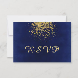 Cartão RSVP Azul Real com uma abertura de Confetti Dourado