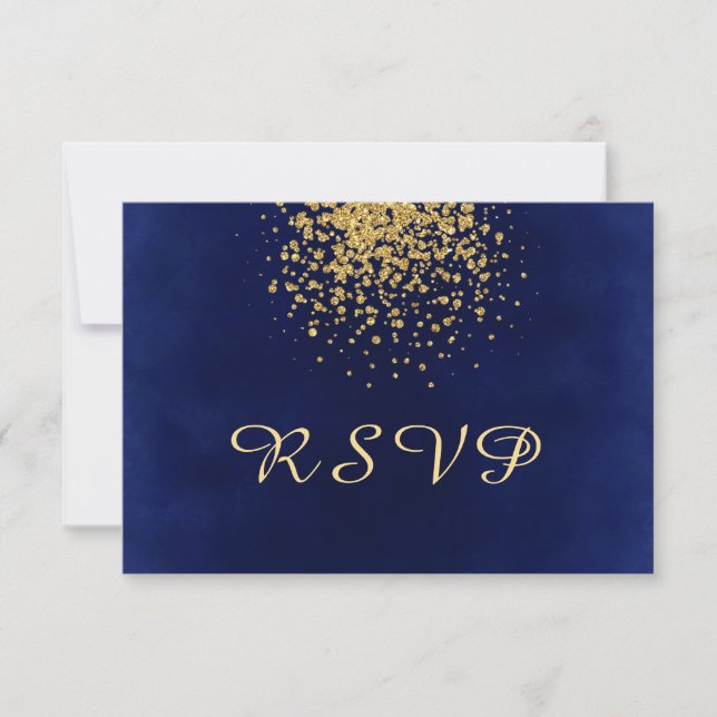 Cartão RSVP Azul Real com uma abertura de Confetti Dourado (Frente)