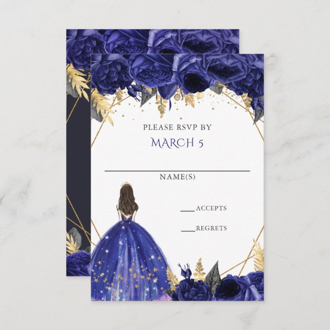 Cartão RSVP Azul Real Floral Princesa Quinceanera (Frente/Verso)
