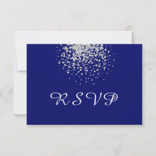 Cartão RSVP Azul Real Moderno e Confetti Prateado